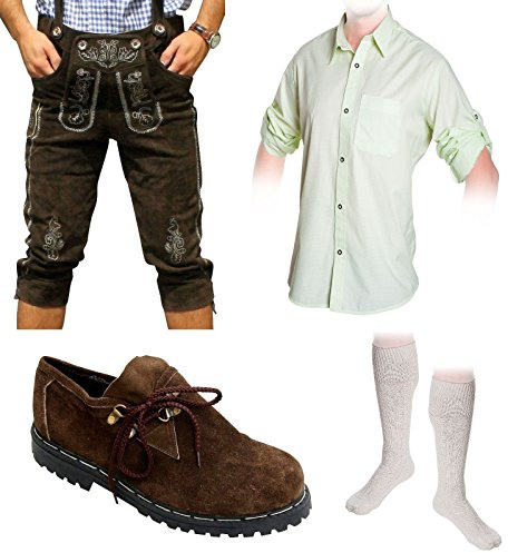 Traditionell kostym för män, D 5-delad traditionell läderbyxa mörkbrun 46-60, traditionell skjorta, skor, strumpor, oktoberfest, Mörkbrun, one size