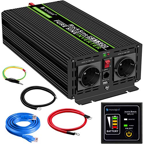 NOVOPAL 1500W Convertidor de Voltaje de Onda Sinusoidal Pura de Coche-Convertidor de Coche 12v a 230v Convertidor - Convertidor de Inversor con 2 Enchufes EU y Puerto USB