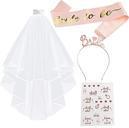 Jga Schärpe, JGA Accessoires Deko für Junggesellenabschied Frauen Party, Hochzeit für Braut to be, Team Braut, mit Schärpe, Weißer Schleier mit Kamm, Krone Haarreif, Tätowierungen TECHSHARE (Roségold)