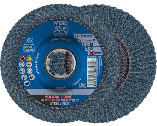 PFERD TOOLS Fächerscheibe POLIFAN CURVE, 10 Stück, 125mmx11mm, Z40, X-LOCK (22,23 mm), SGP STEELOX, 67689053 - für die präzise Kehlnahtbearbeitung