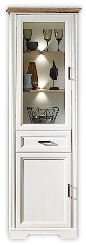 JASMIN Vitrine in Pinie hell, Artisan Eiche Optik - Vitrinenschrank mit LED-Beleuchtung und viel Stauraum im Landhausstil - 66 x 204 x 42 cm (B/H/T) | Vitrinenschrank im Landhausstil mit weißer LED-Beleuchtung, Glastür, Holztür, Schublade und viel Stauraum, Landhaus