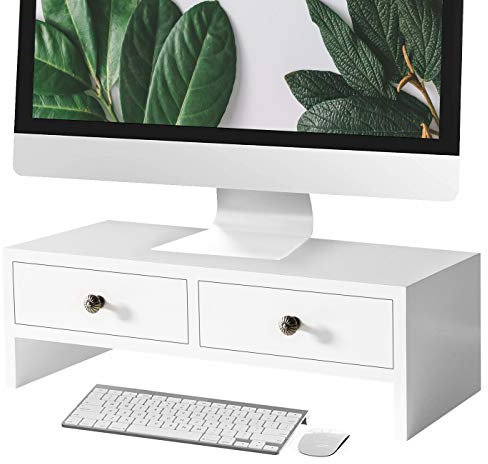 WELLAND Monitorständer mit Schubladen, Schreibtisch-Organizer, Laptop- oder PC-Ständer für Zuhause und Büro, Weiß