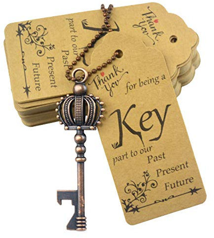 Aokbean 52 pcs Crown Key Bottle Opener with Tag and Keychain,Vintage Skeleton Key Bottle Opener for Wedding Party Favors (Copper)