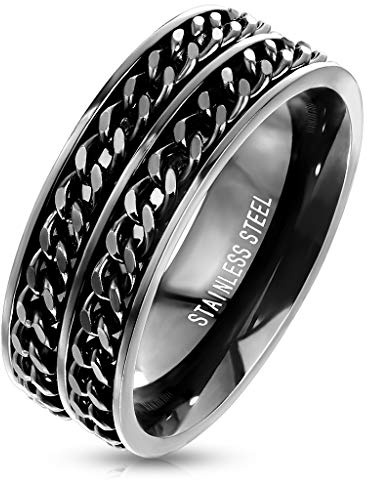 Paula & Fritz® Ring Herren Schwarz Spinner-Kette 316 L Chirurgenstahl Größe 72 (22,9) 8-mm breit Partnerring Verlobungsring Herrenring Bandring Bikerring