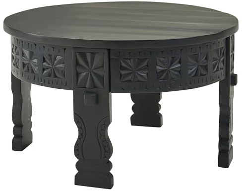 FineBuy Couchtisch Rund 80 cm Mango Massivholz Schwarz, Handgeschnitzt | orientalischer Wohnzimmertisch im Boho Stil, dunkler Sofatisch aus Echtholz, jedes Stück ein Unikat