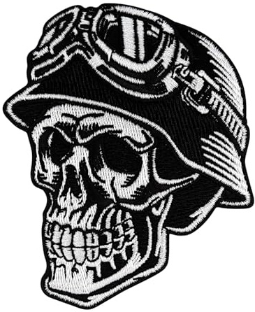 Urbanski Patch Totenkopf Skull Biker mit Helm Motorrad Motorcycle zum Aufbügeln 9,5 x 7,5 cm | Aufnäher Applikation Bügelbild