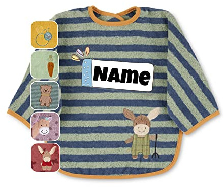 Stickling Sterntaler Baby Lätzchen mit Ärmeln personalisiert | bestickt mit Namen | Langarmlätzchen Baby | personalisiert | Baby Lätzchen (Emilius Esel mittelgrün linie)