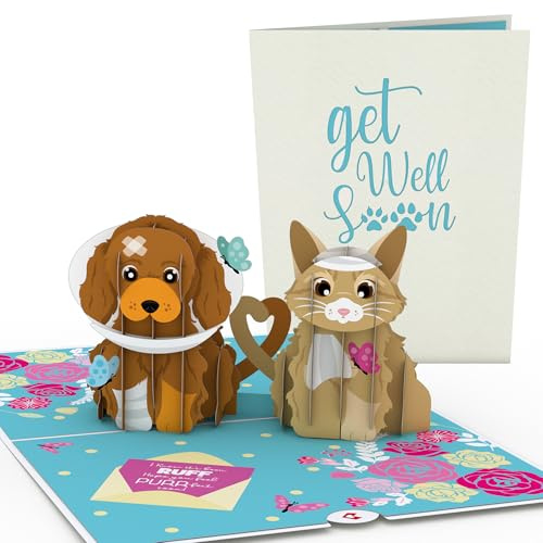 Lovepop® 3D Pop-Up Karte Hund und Katze süße Grußkarte mit Genesungswünschen für Haustiere, Gute Besserung für Vierbeiner | inkl. Umschlag & Notizkarte für Grüße