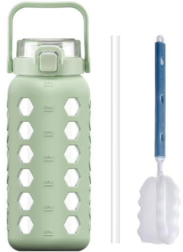 MUKOKO Half Gallon/64 oz Glass Water Bottles with Straw and Lid,Motivational Water Jug with Time Marker Reminder and Silicone Sleeve,100% Leakproof BPA Free Fitness Sports Large Bottle-Green