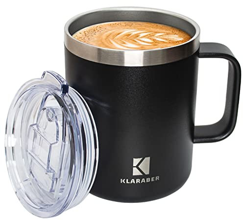 Klaraber Thermal Mug, Insulated Coffee Mug with Handle and Lid, Insulated Camping Mug, Double Walled Stainless Steel Beer Mug, Spill Proof, Reusable, 350ml / 12oz (Black)