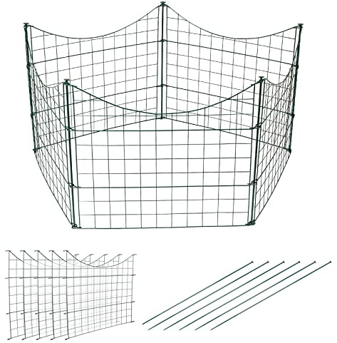 Herrselsam Teichzaun, 5tlg Set Gartenzaun Metall mit 11 Zaunelemente-5 Zaunelemente und 6 Befestigungsstäben, Metallzaun Gitterzaun Länge 3,75 m (Unterbogen, Grün)