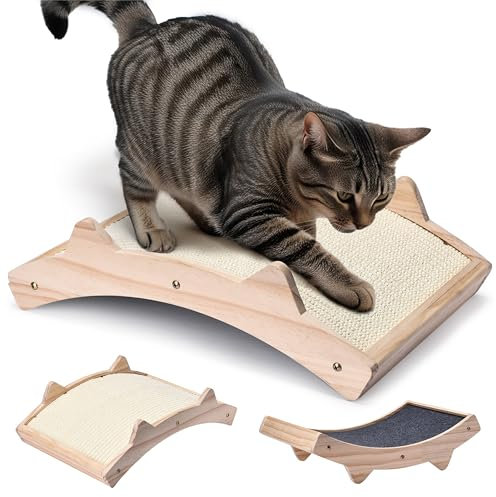 Pfotenolymp Katzenkratzbrett - Doppelseitig Haltbarer Katzen Kratzmatte - Holzstruktur Kratz Pads Katzenliege- Geflochtener Sisal + Teppichstoff Doppelseitige Katzenliege - 42 x 27.5 x 12cm