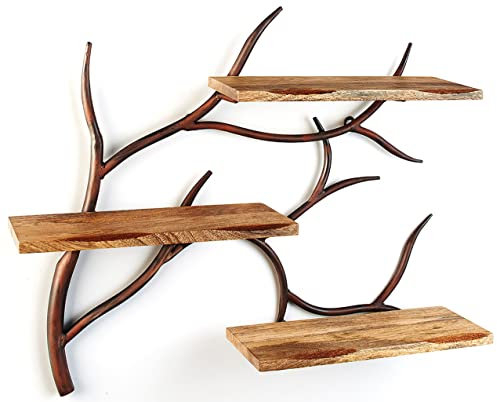 Kobolo Wandregal Hängeregal Bücherregal -AST Zweig- 3 Böden - 71x20x56 cm - Eisen und Holz
