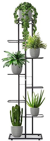 Vilde Pflanzenständer Metall - 8-stufiges Blumenregal Mattschwarz 44x22x142cm - Pflanzregal Indoor Stabil bis 27kg - Industrie-Stil - Vielseitig für Kletterpflanzen, Kakteen, Blumentöpfe