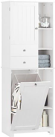 SoBuy Colonna Bagno con Cesto per Linge Mobile Rangemento Alto Armadio Bagno con 6 Ripiani e 2 Cassetti Mobiletto Salvaspazio Bianco 60x37x171 cm BZR104-W