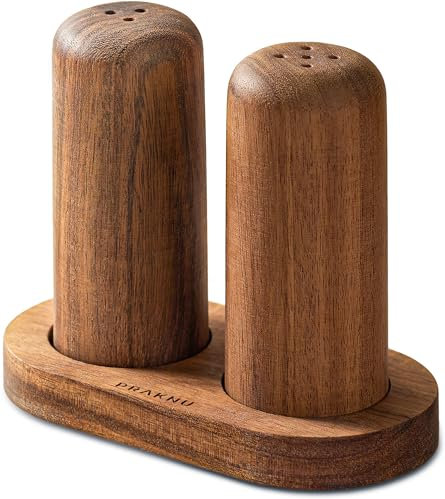 Salero y Pimentero de Madera de Acacia FSC®Sostenible - Salero de Cocina y Pimentero con Bandeja - Robusto y Fácil Recambio - Hecho a Mano