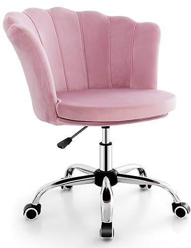 COSTWAY Fauteuil en Velours avec 5 Roues Universelles, Chaise de Coiffeuse avec Hauteur Réglable, Rembourrée Pivotante, Forme de Coquillage, pour Salon, Chambre, Bureau (Rose)