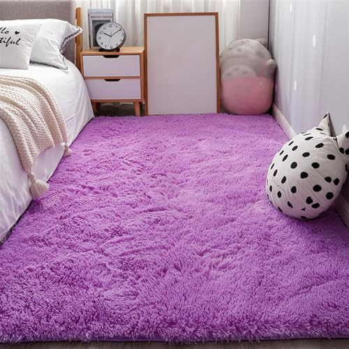 SK Studio Flauschiger Teppich für Wohnzimmer und Schlafzimmer - Shaggy, Waschbar, Weich - Lila, 100x160cm