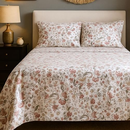 Juego de Sábanas 100% Algodón Estampado Floral Multicolor Tipo Primavera Verde – 4 Piezas (Bajera + Encimera + 1 o 2 Fundas de Almohada) – Suave, Transpirable y Alegre – Varios Tamaños (CAMA 150 CM)