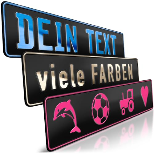 1 Fun-Schild geprägt | Schwarz Matt mit Wunschtext bis zu 16 Zeichen | Individuelles Fun-Kennzeichen aus Aluminium | Namensschild | Auto-Kennzeichen | Optional Löcher & Saugnäpfe
