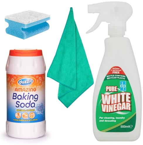 Baking Soda For Cleaning 350g and White Vinegar For Cleaning 500ml Bundled with 1 x Microfiber Cloth and 1 x Non Scratch Scouring Sponge | Bundle by Glameno