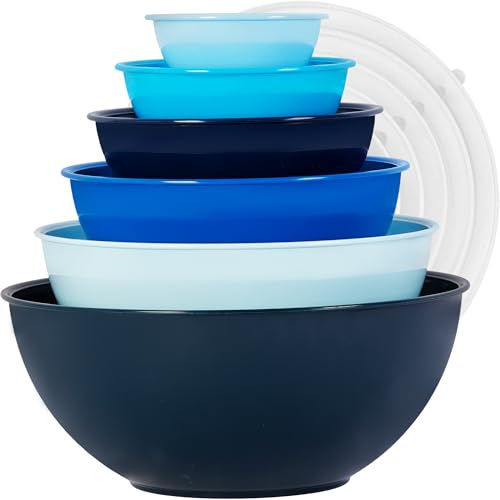 BoxedHome Mixing Bowl Set with Lid, Mixing Bowls, 12-Pack Mixing Bowl Set, Plastic Salad Bowl Stackable Serving Bowls for Kitchen (6 Bowls and 6 Lids, Mixed Blue)