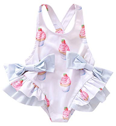 WERNZATT Maillot de bain une pièce pour bébé fille, avec volants, imprimé floral, sans manches, à bretelles, dos nu, avec noeud papillon, maillot d'été, E blanc., 12-18 mois