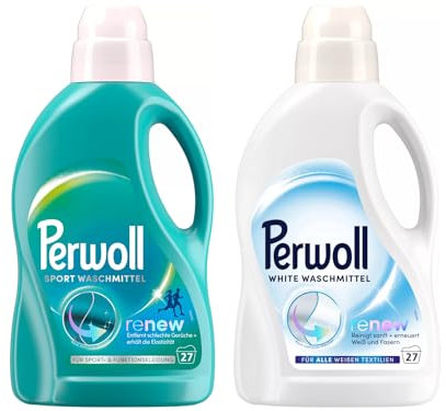 PERWOLL Flüssig-Set 2x 27 Waschladungen (54WL) 1x Sport & 1x White, Hygiene Waschmittel reinigt sanft, entfernt schlechte Gerüche & Feinwaschmittel erneuert Weiß und Fasern