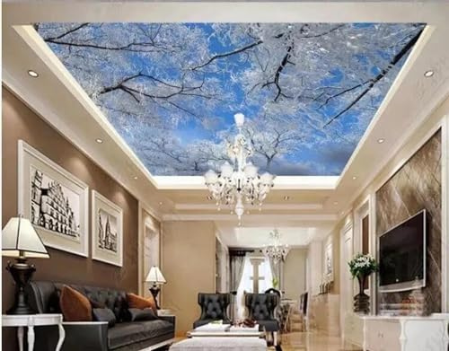MIXUEXUNLU 3D-Tapete mit schönem Himmel, Ästen und starkem Schneefall, Deckengemälde, Schlafzimmer, Wald, blauer Himmel, modernes Wandbild mit Schneeszene