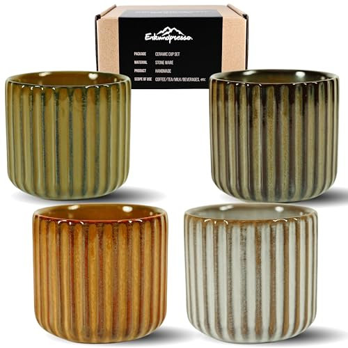 Erkundpresso. - 4 x 180 ml Tazas de Café de Cerámica sin Asa - Tazas de Café para Espresso para agua y té - Resistentes al Calor - Colores Retro - Juego de regalo -Multicolor