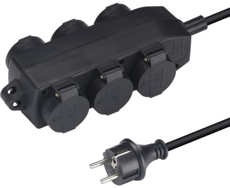 XUANSHI Bloc multiprise 6 prises, IP44, pour l'extérieur, avec câble d'extension en caoutchouc, prise extérieure, pour pièces humides, répartiteur de courant de jardin (5 m, noir)