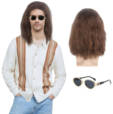 FUIPVGI Lange Braune Perücke für Herren,Perücke für Herren, lockige Perücke Erwachsene und Herren Kostüm Hippie Rockstar Perücke für Halloween, Cosplay, Party