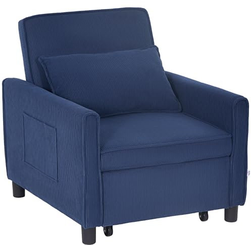 HOMCOM 3-in-1 Schlafsessel, Klappbett mit Bettfunktion, Lendenkissen, Klappbar Liegestuhl mit Verstellbarer Rückenlehne, Rollen, Seitentasche, für Wohnzimmer, Kord, Blau
