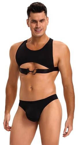sunshinelady Herren Dessous Set Eisseide Sissy Gay Unterwäsche Männer Tank Top Oberteil mit Gummiband Slip Tanga Atmungsaktiv Bequem Sexy Reizwäsche Schwarz XL