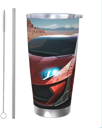 FJWSLCH Bicchiere da 590 ml in acciaio inossidabile con coperchio e cannuccia, tazza da caffè da viaggio isolata sottovuoto, tazza termica a doppia parete per auto, tazza termica rossa da corsa,