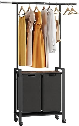 Virimolo Garderobenständer mit Wäschekorb,Ausziehbare Kleiderständer mit Rollen,Garderobenständer mit Ablage,2 x 49 L Wäschesammler,Wäschesack Ausziehbar Abnehmbarer,Wäschebox,75 x 33 x 176cm