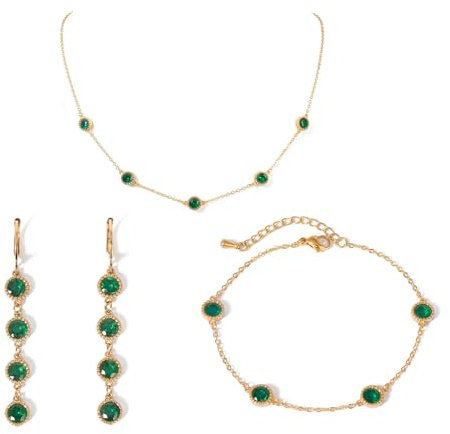 TaYolnFaSo Runder Smaragd Cubic Zirkonia Schmuck Set für Damen 18K vergoldete Halskette Ohrringe Armband 3pcs CZ Schmuck für Freundin Frau