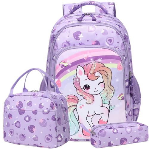 Jumpopack Skolväska för grundskolan, för flickor, ryggsäck, barnväska, med enhörning, L