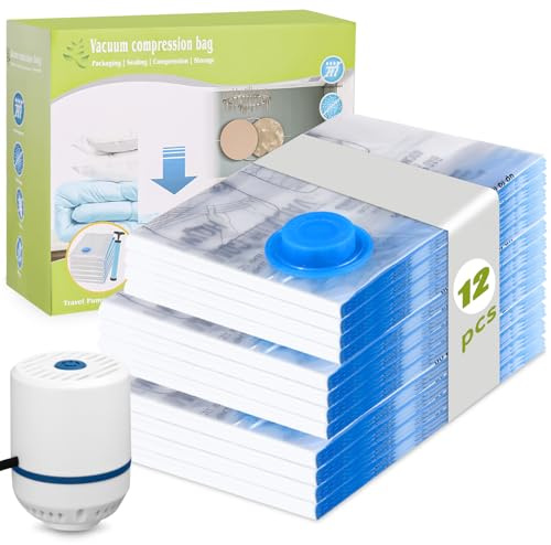 Vakuumbeutel für Kleidung 12 er Pack (4groß/4mittel/4klein),Vakuumbeutel für Kleidung mit elektrischer Luftpumpe Vakuumbeutel,Wiederverwendbare für Reisen,für Bettdecken Matratzen Decken Bettwäsche