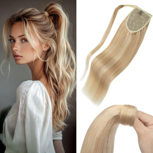 MY-LADY Ponytail Extension Echthaar Zopf Ascheblond/blond 40cm mit Klett | Echtes Haar Pferdeschwanz Haarteil Glatt– einfach anzubringen, schnelles Volumen, weich & natürlich, fester Halt, unsichtbar