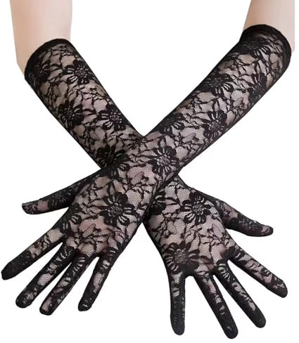 Mikiuly Guantes Largos,Guantes De Boda De Encaje,Guantes Largos de Encaje para Mujer,Guante de Encaje para Novias,Guantes Largos de Malla para Boda,Disfraz de Carnaval de Halloween,Fiesta,Negro