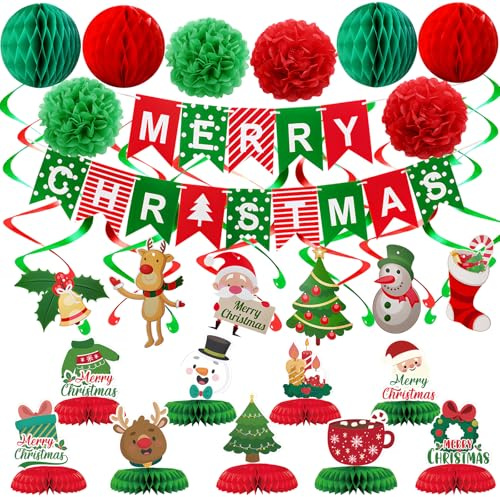 KUANINUNAR Red Green Christmas Decorations Party Banner Set Flower Fan Paper Xmas Bunting Honeycomb Centerpieces Tree Santa Snowman Banner Table Decorations Christmas Party Supplies (Red)