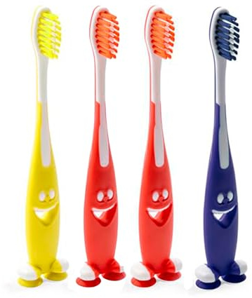Cepillos de dientes infantiles con ventosa – kit 4 unidades (2 rojos, 1 azul, 1 amarillo) – cepillo infantil suave para niños y bebés de 1 a 2 años – higiene bucal divertida y segura