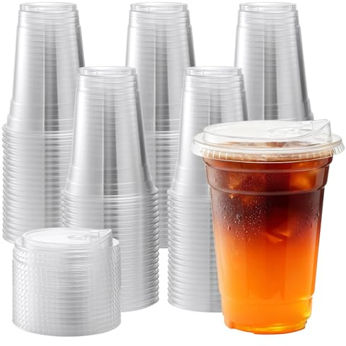Goodluck Plastic Cups with Lids | 100 Pack 16oz/454ml Clear Cold Drinks Iced Coffee Plastic Cup for Smoothies,Milkshakes,Iced Tea-Summer,Party,Picnic,Takeaway
