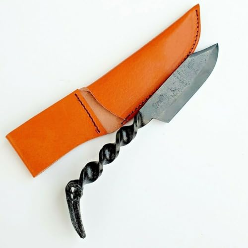 CRAFTOMATIK Cuchillo medieval de cabeza de carnero, cuchillo vikingo hecho a mano, cuchillo celta para jardín y camping con funda de piel | LARP | HFK10