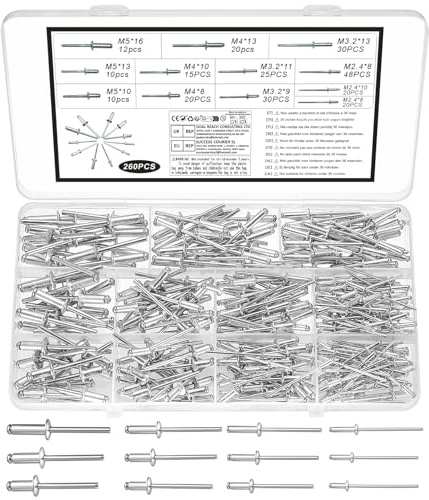 260 Pcs Rivet Pop Tete Large, Rivets Pop en Aluminium à Tête Large, Rivets Aveugles en Aluminium pour Métal Bois, bateaux, voitures, meubles, rails et bricolage(argenté, M2.4, M3.2, M4, M5)