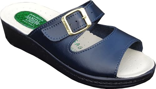 Sanital Light 1363 Ciabatte Donna in Pelle, Soletto Anti-Shock, Zeppa 4cm, Traspiranti, Fibbia Regolabile, Suola Leggera, Punta Aperta, Made in Italy - BLU 41