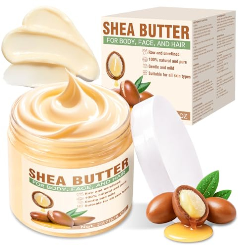 Shea Butter Organic, Raw Shea Butter with Vitamin E and Hyaluronic Acid, for Hair, Face, Body, Long-Lasting Hydration for All Skin, 8 OZ