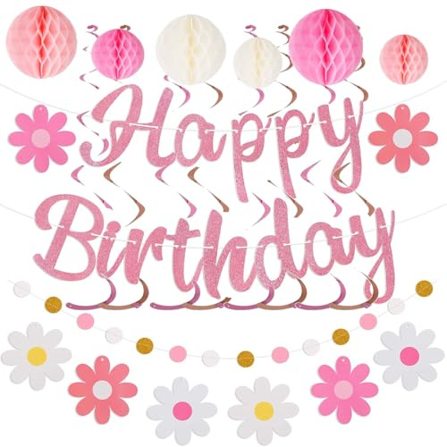 Happy Birthday Girlande Rosa Geburtstagsdeko Mädchen Frauen | Gänseblümchen Geburtstagsgirlande mit Wabenbällen,hängenden Wirbeln Streamern,leicht aufhängbar für alle Feierlichkeiten