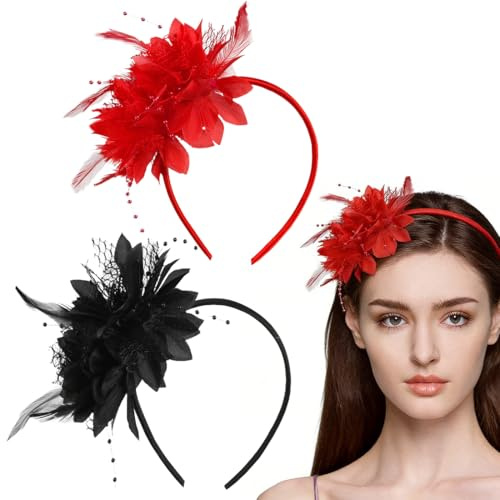 2 Stück Feder Haarreif mit Künstlichen Blumen, 1920er Fascinator Kopfschmuck für Damen, Retro Haarband Haarreif Fascinator für Karneval Cocktail Hochzeit Tee-Party Accessoires (Rot, Schwarz)